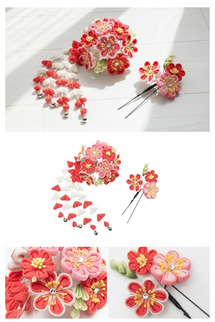 髪飾り つまみ 7W) 髪飾り 成人式 つまみ細工 セット 5colors 振袖 花