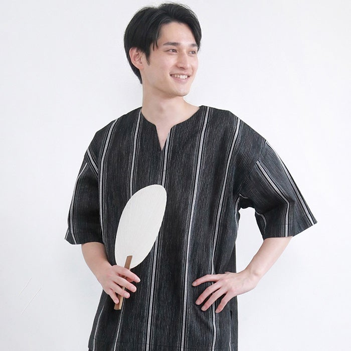 甚平 メンズ 【 キーネックタイプ 】 長ズボン 半ズボン 単品 綿 しじ