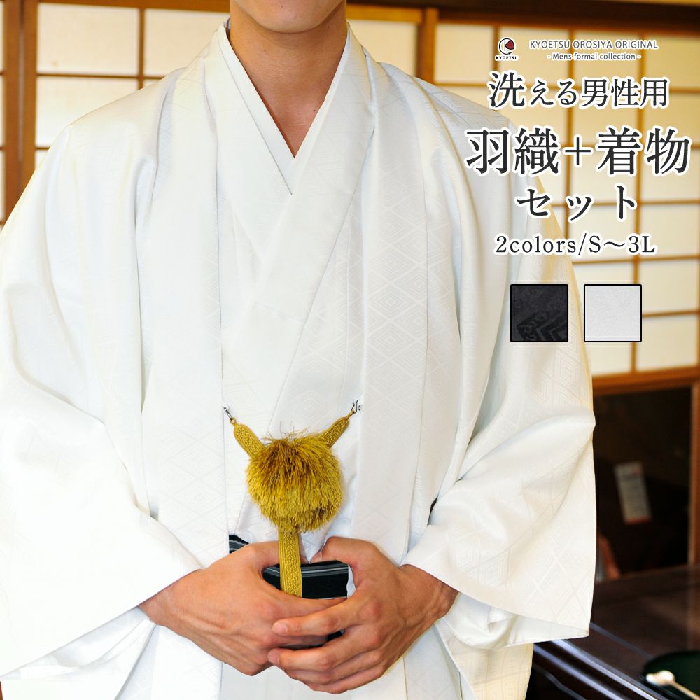 男アンサ 紋付) 洗える着物 羽織 セット 黒地紋 白地紋 成人式 卒業式