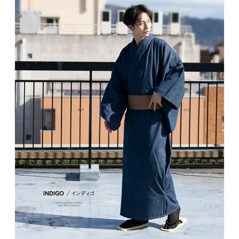 男単衣 デニム) 洗える着物 単衣 カジュアル メンズ 男性 綿 M/L/LL