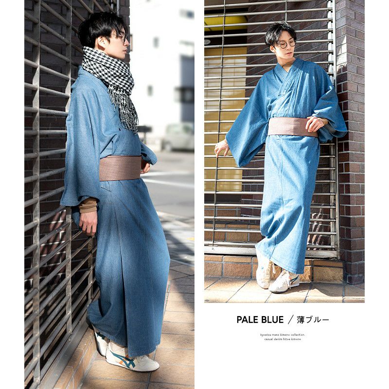 男単衣 デニム) 洗える着物 単衣 カジュアル メンズ 男性 綿 M/L/LL