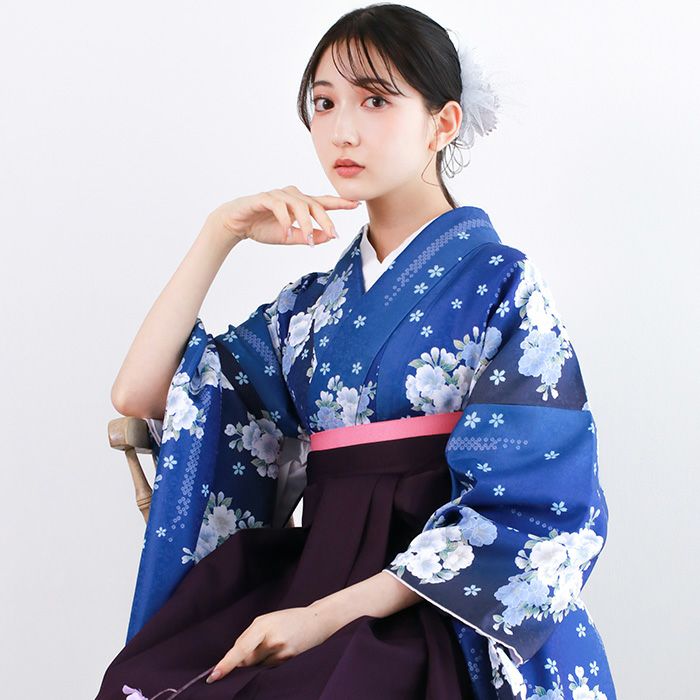 ねね❣️花柄着物と紺色袴セット　卒業式謝恩会 袴4点セット 華やかEF) 袴セット 卒業式 卒服 着物 二尺袖着物 振袖